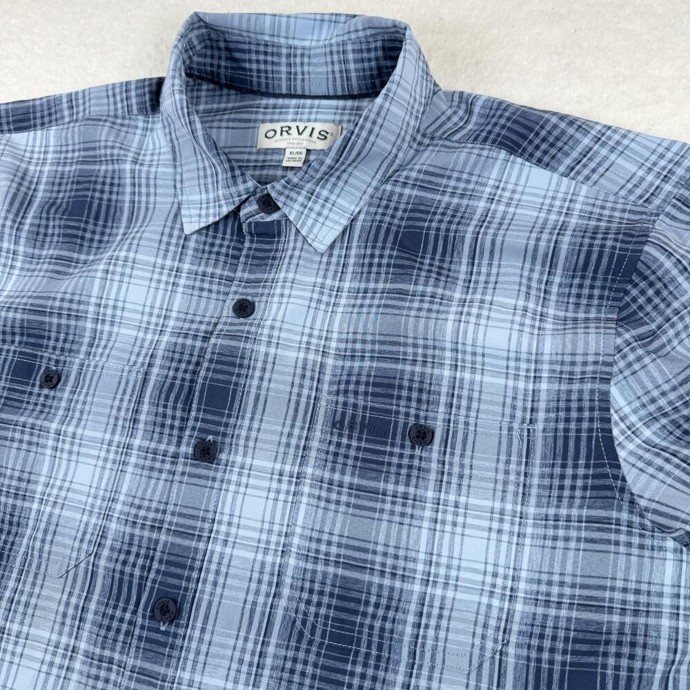 Orvis Shirt Mens Size XL Blue Plaid Short Sleeve Button Up Casual Outdoor Woven